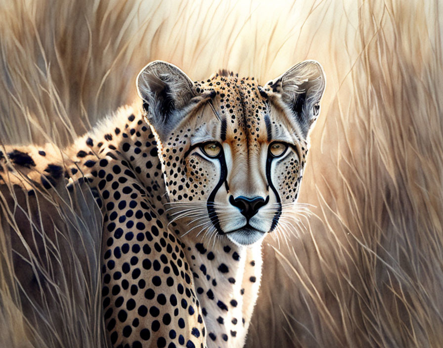 Close-up of cheetah with vivid spots in golden grasses