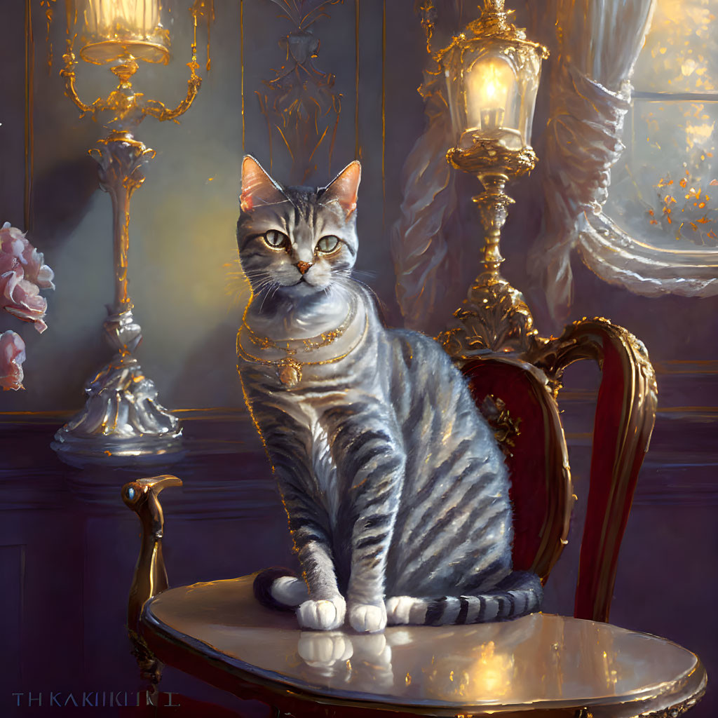 Regal Tabby Cat with Gold Necklace on Red Velvet Chair