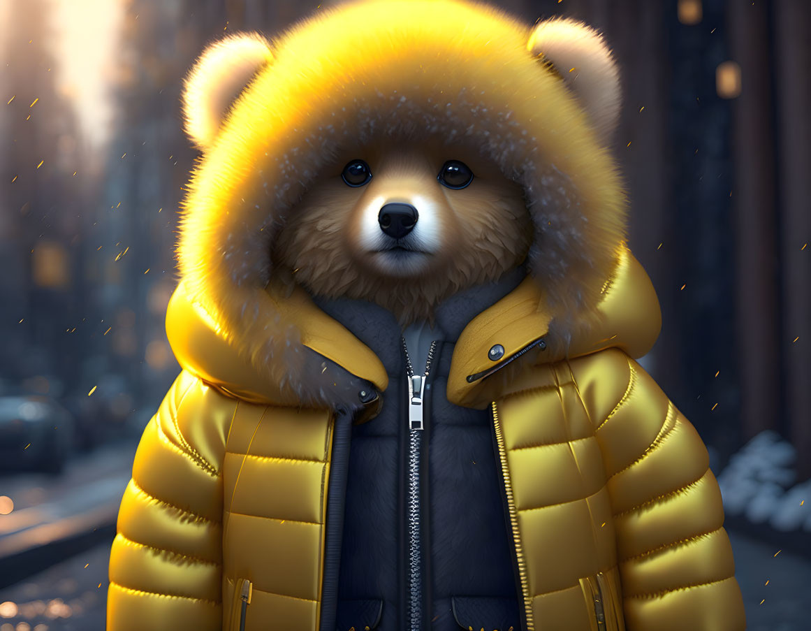 Adorable red panda in yellow puffy jacket against urban backdrop