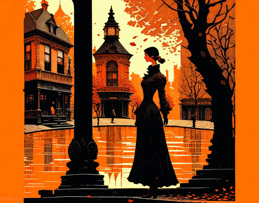 Victorian lady silhouette on orange background with autumn leaves, historical building, and reflective water.