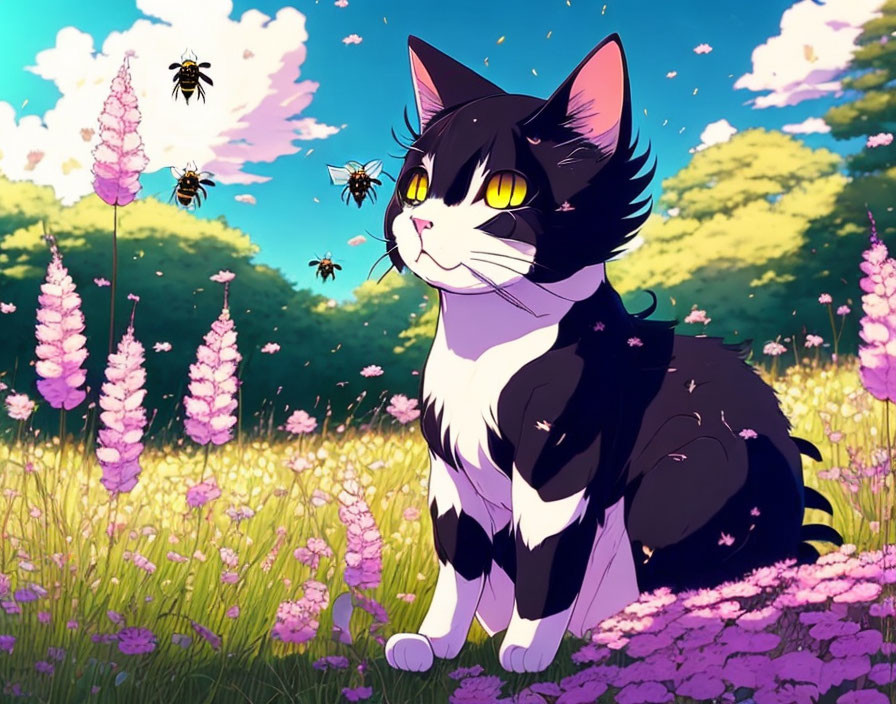 Monochrome animated cat surrounded by colorful flowers and bees