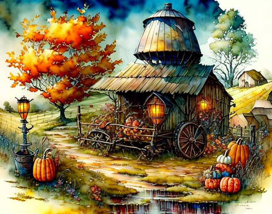 Autumn-themed rustic barn with waterwheel, pumpkins, lanterns, and tranquil pond.