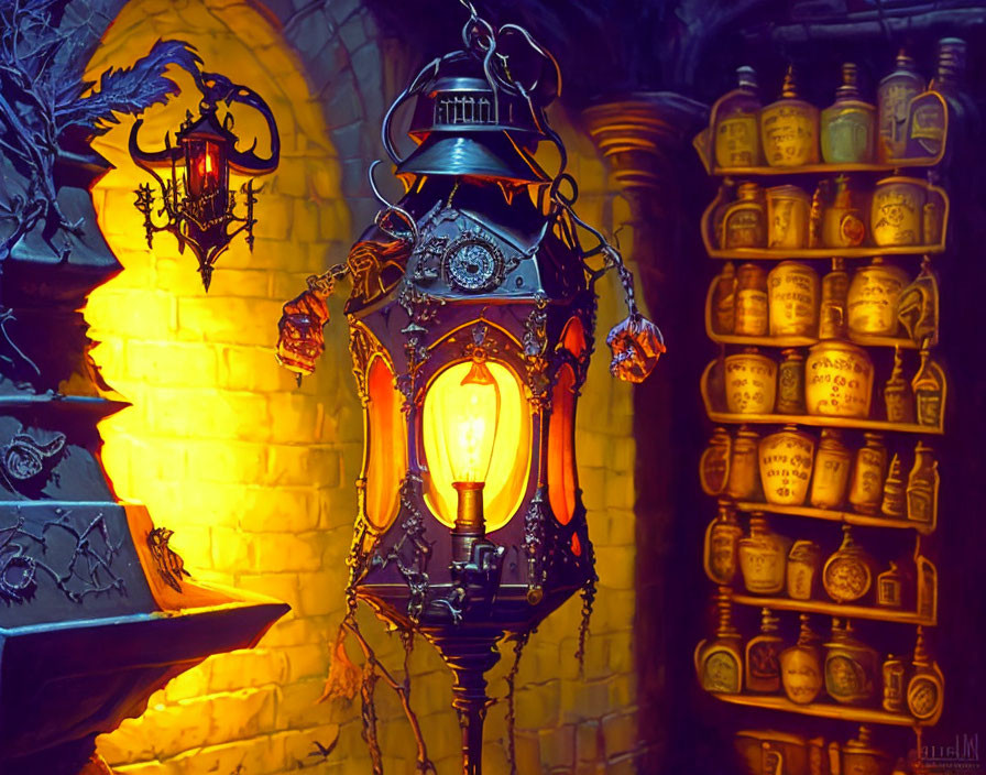 Gothic setting with ornate lantern, dragon sconce, and ancient bottles