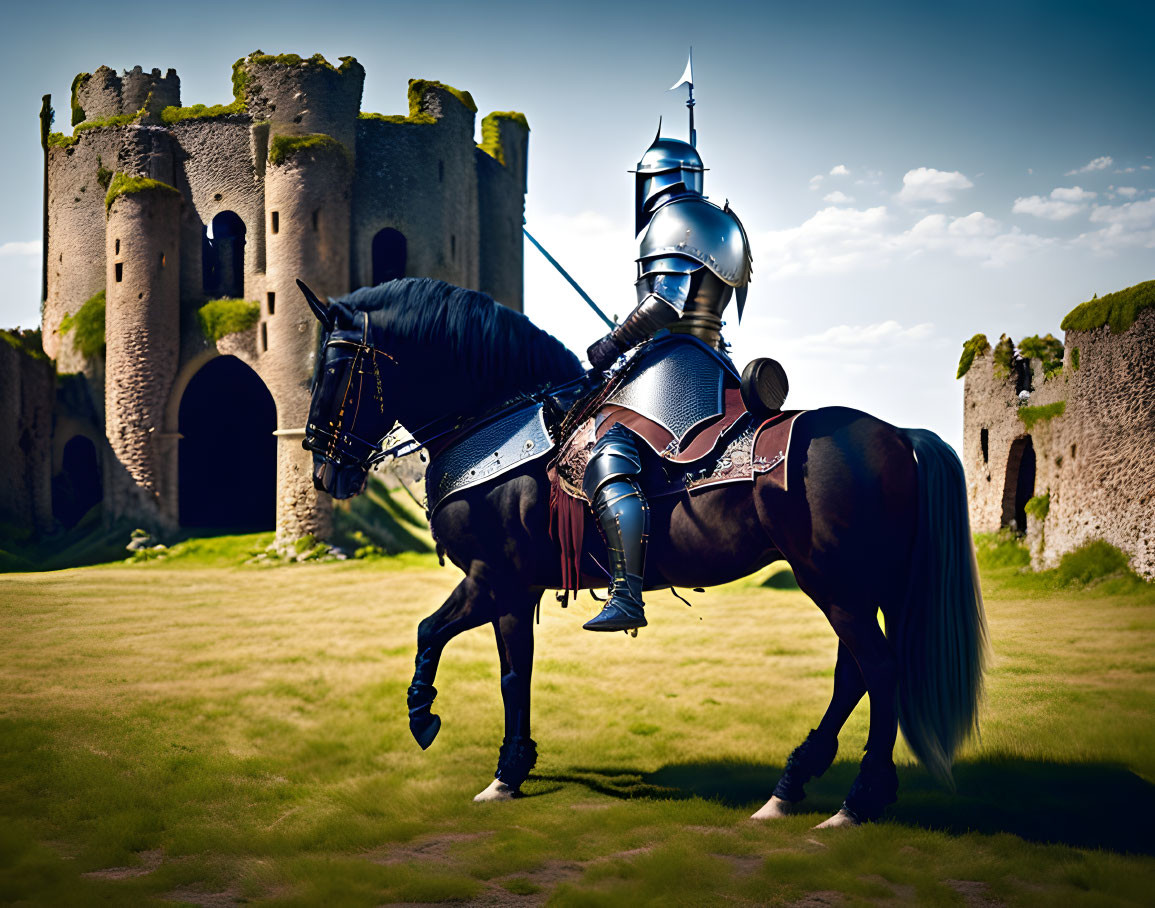 Armored knight on horse with barding in front of castle ruins under blue sky