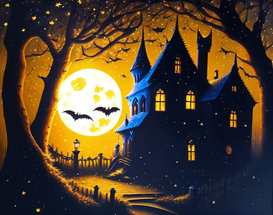 Haunted Castle with Bats at Night