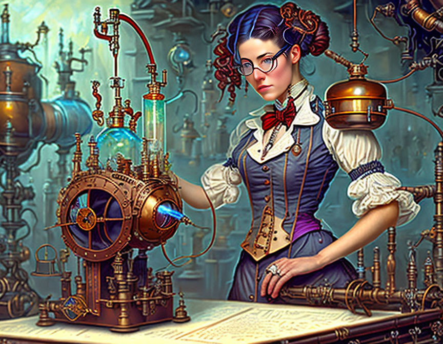 Steampunk-themed illustration of woman with goggles working on brass machine surrounded by gears