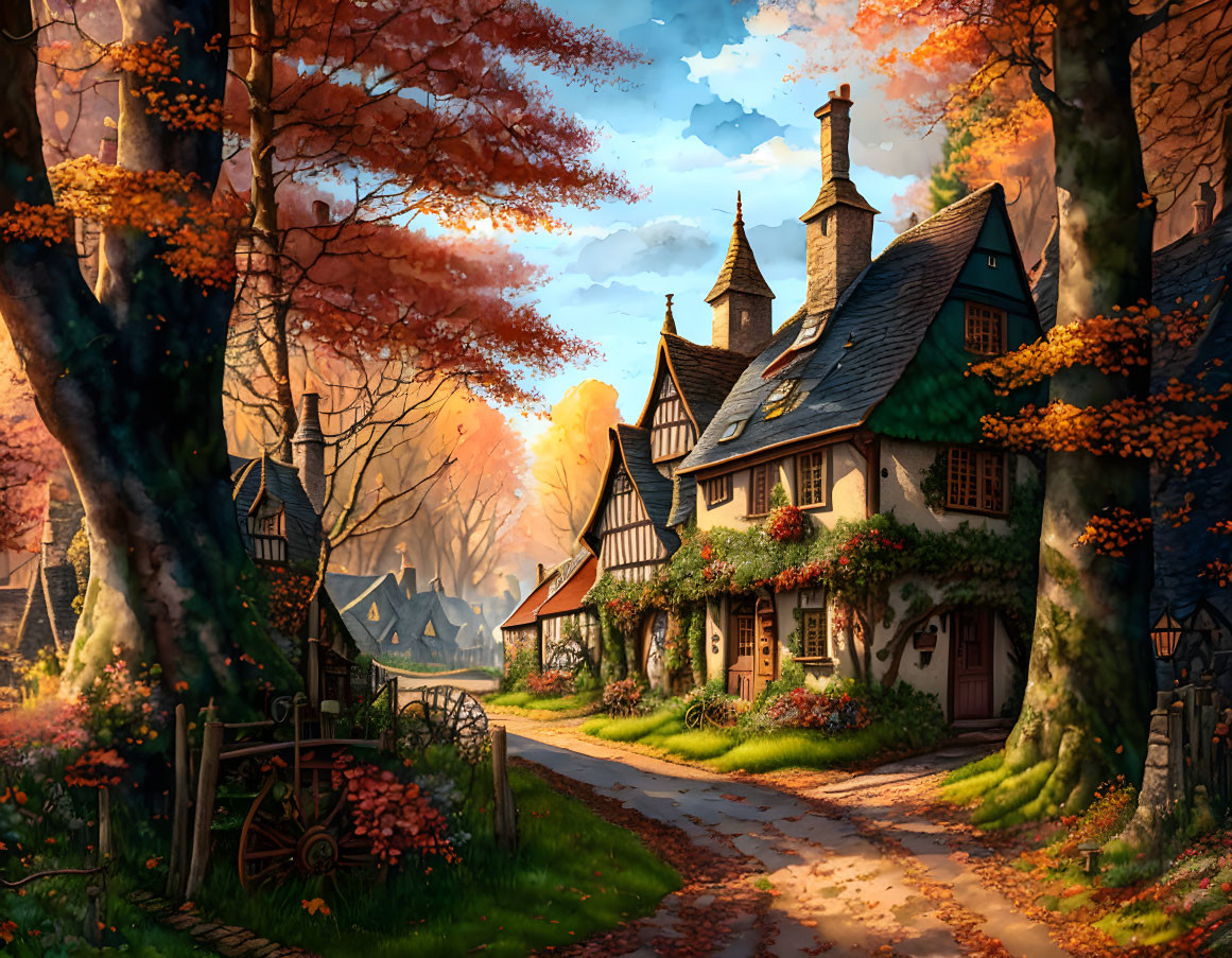 Autumn scene: Thatched village houses, cobblestone path, colorful trees