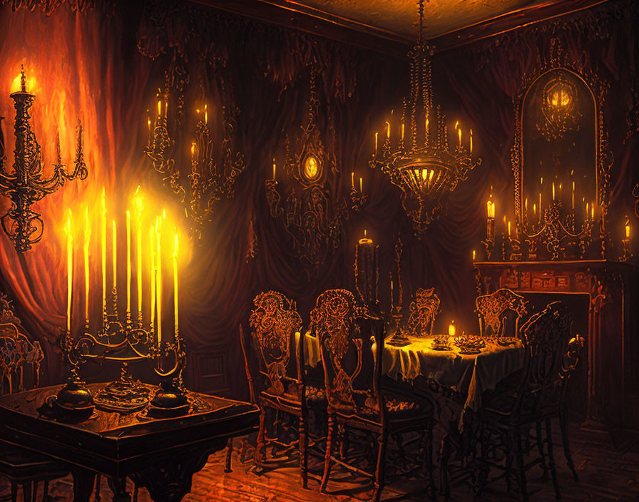 Gothic dining room with chandelier, intricate chairs, and set table