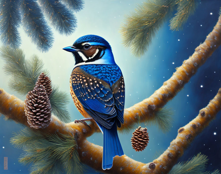 Blue bird with black and white markings perched on snowy branch amid pine cones