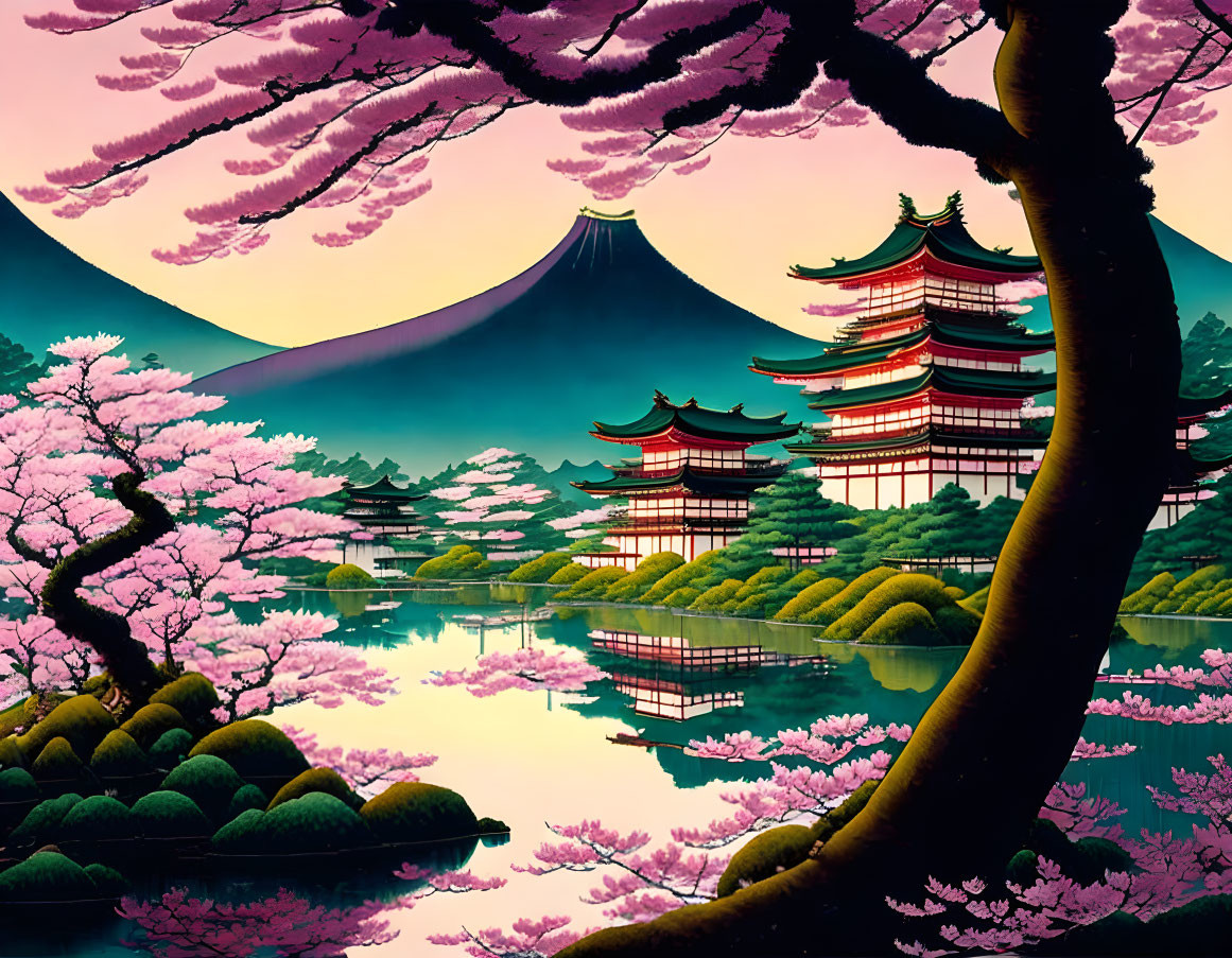 Japanese Cherry Blossom Scene with Pagodas and Mount Fuji