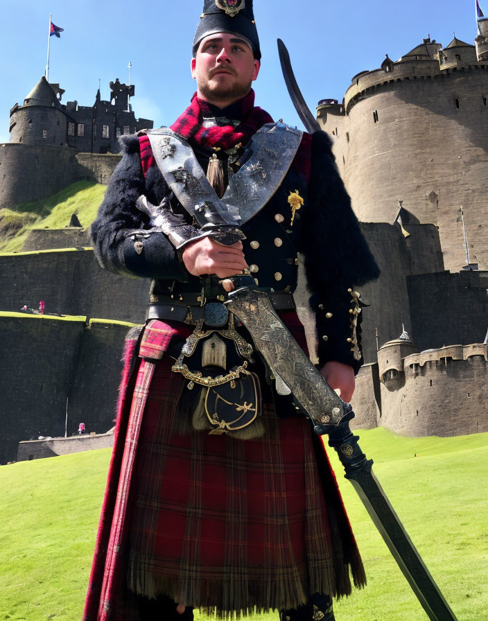 Traditional Scottish Highland Dress with Broad Sword and Castle Background