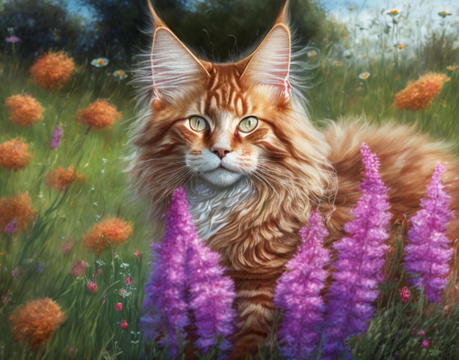 Orange Tabby Cat with Pointed Ears in Flower Field