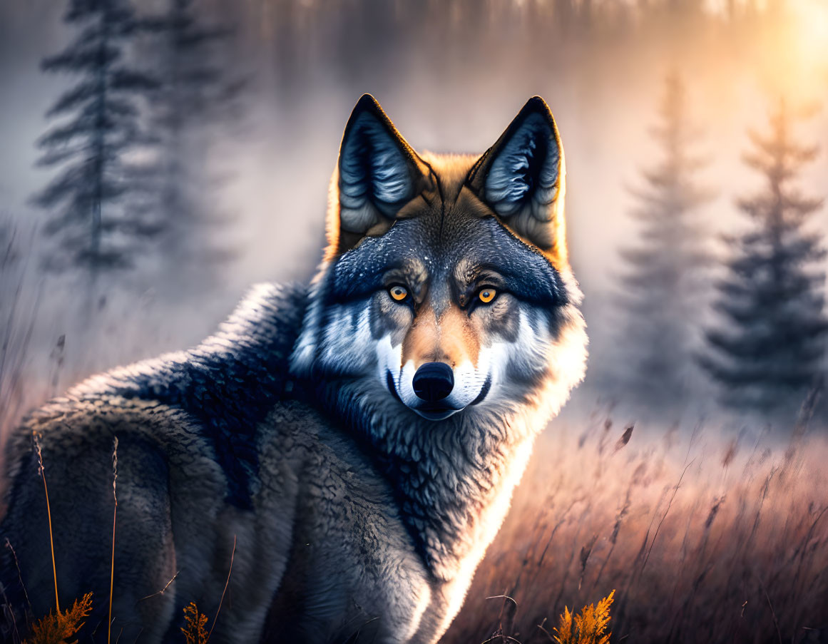 Detailed digital artwork: Realistic wolf with piercing eyes in misty forest