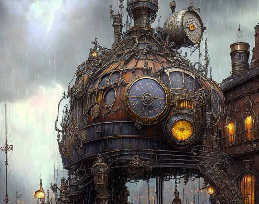 Steampunk architecture with clock and glowing windows in rainy setting