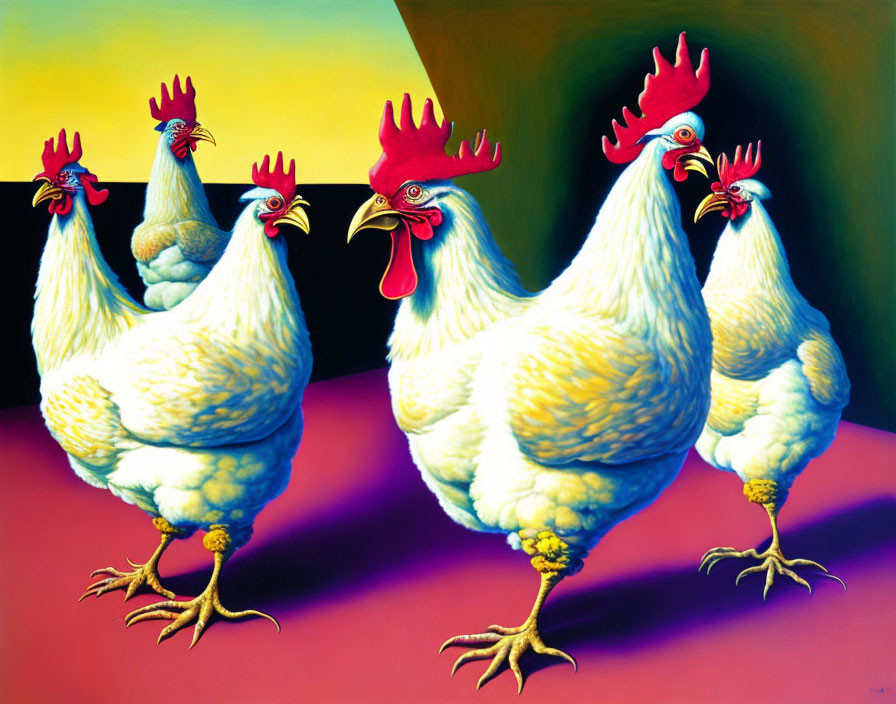 Stylized roosters with red combs on yellow and green background