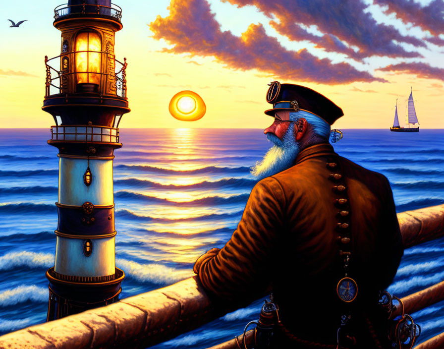 Illustrated sea captain by lighthouse at sunset with sailboat and birds.