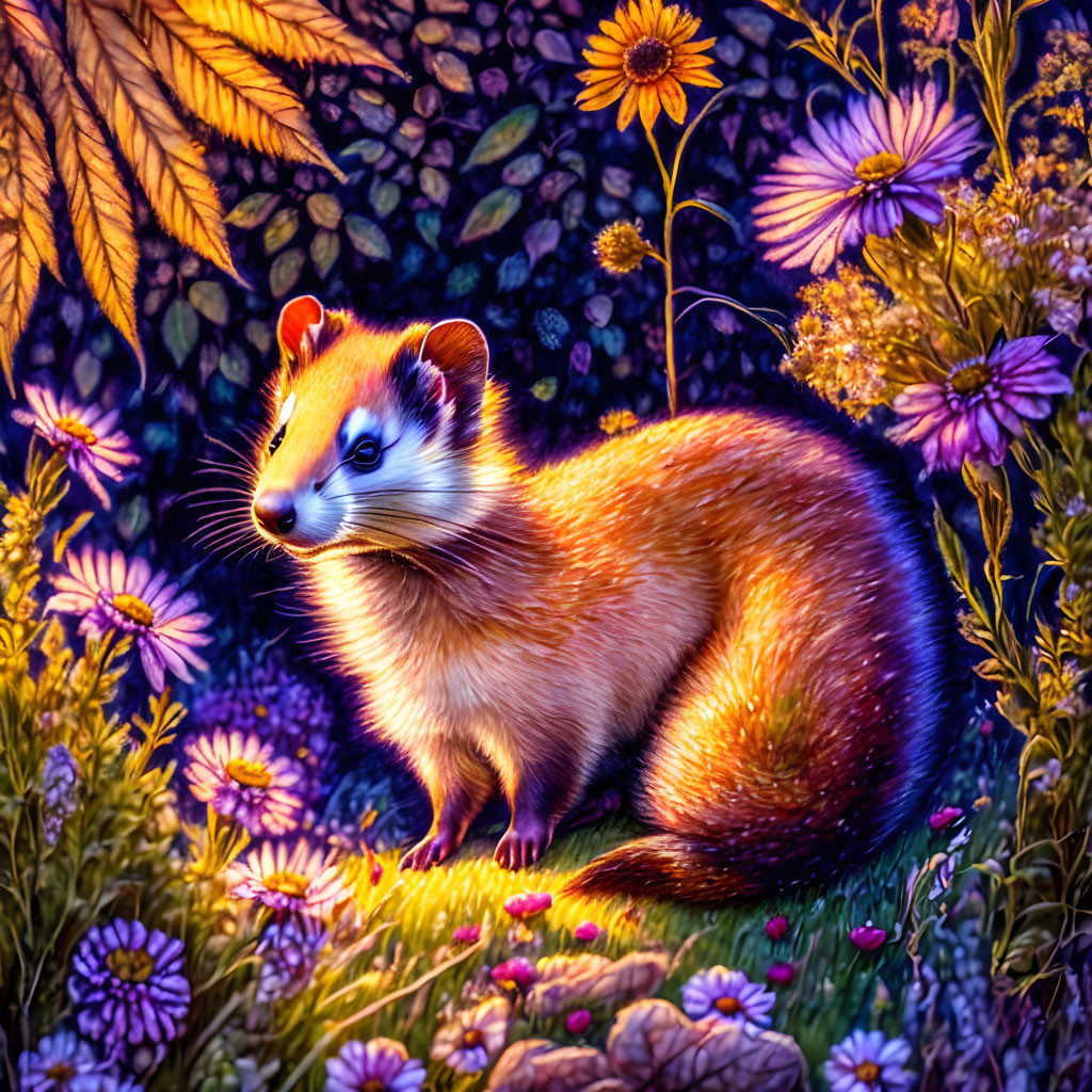 Colorful Weasel Illustration Among Purple and Yellow Flowers