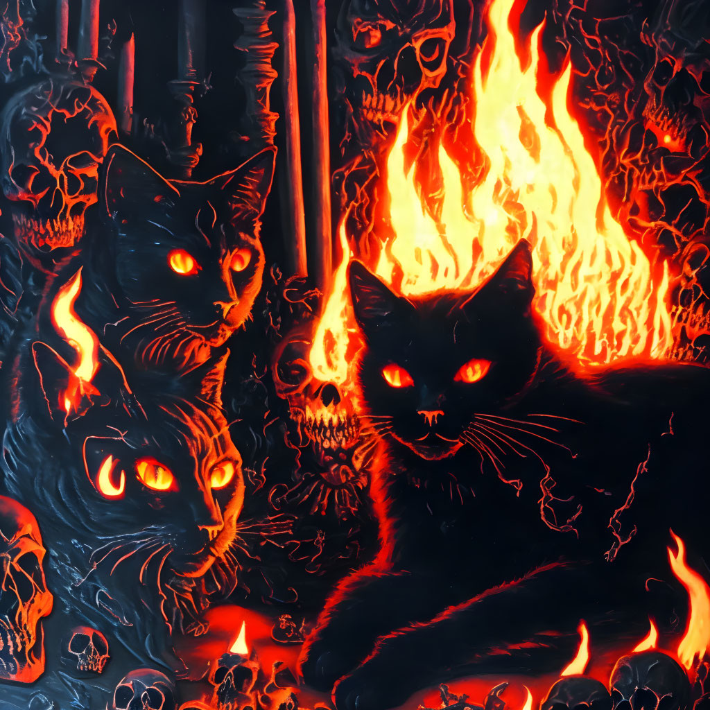 Fiery-eyed Black Cats in Infernal Setting