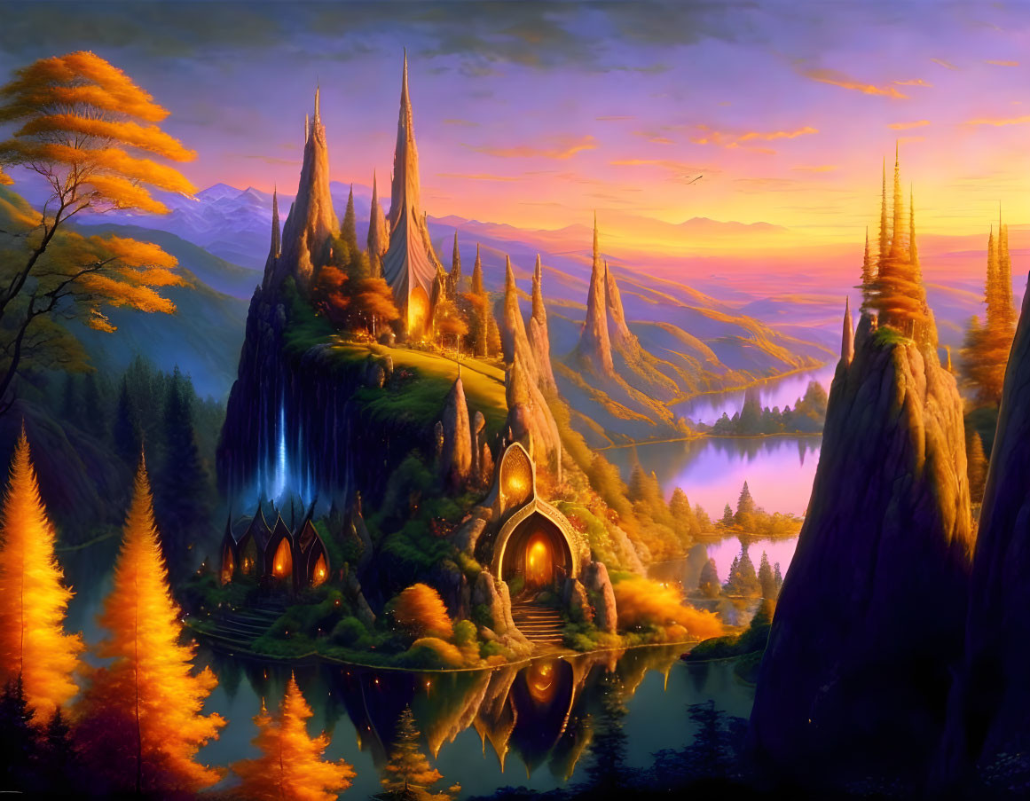 Fantasy landscape with towering spires and elven-like structures in autumnal setting