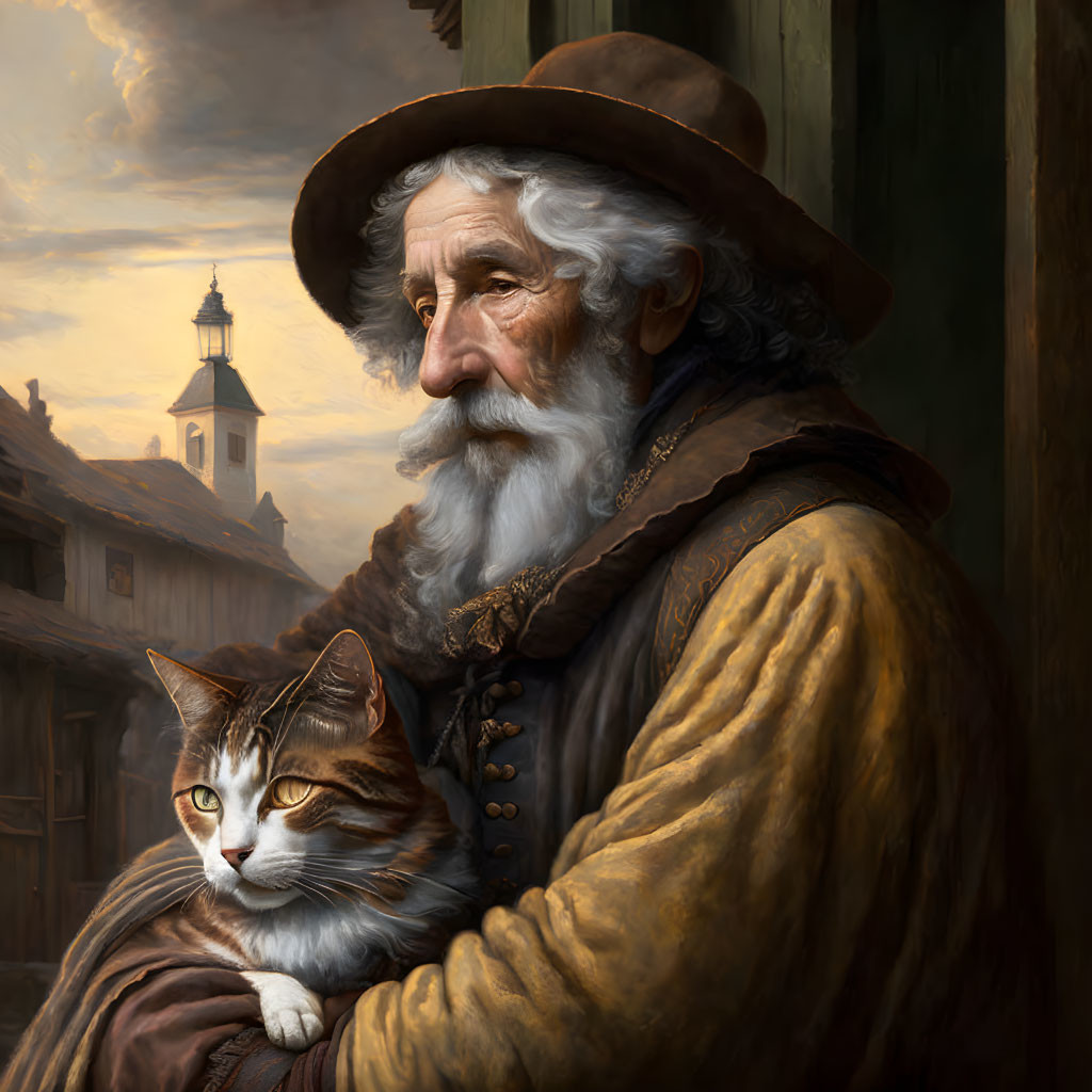 Elderly man in historical attire with cat against old-world architecture