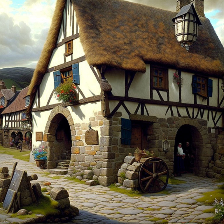 Medieval village scene with thatched-roof cottage, stone-paved street, flowers, hills