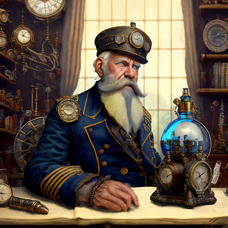 Illustration of sea captain with white beard at desk with crystal ball and vintage clocks