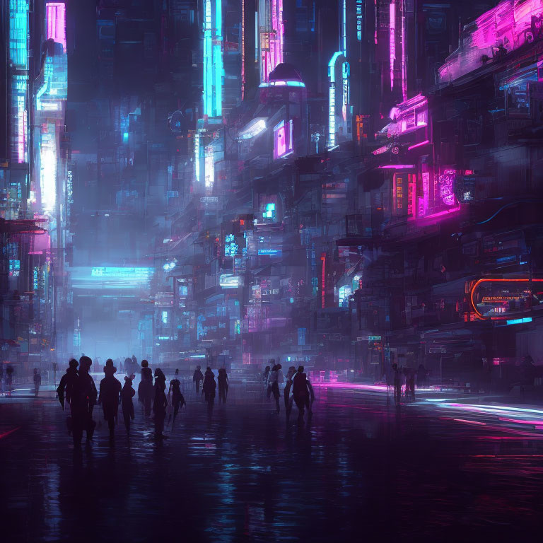 Silhouetted figures walking towards futuristic neon cityscape