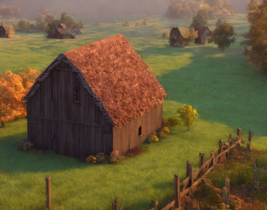 Rustic wooden hut in lush green meadow with thatched roof