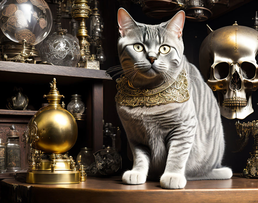 Striped cat with golden collar among eclectic items on table