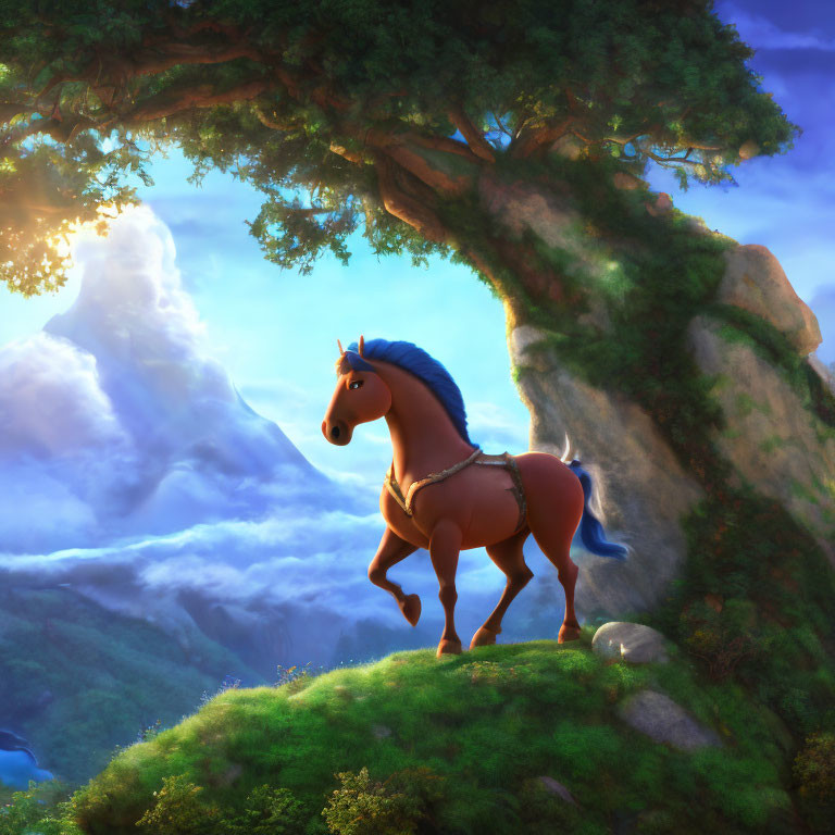 Majestic horse with blue mane on cliff overlooking misty mountains at sunrise or sunset