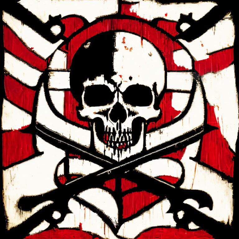 Stylized skull and crossbones on red and white striped background