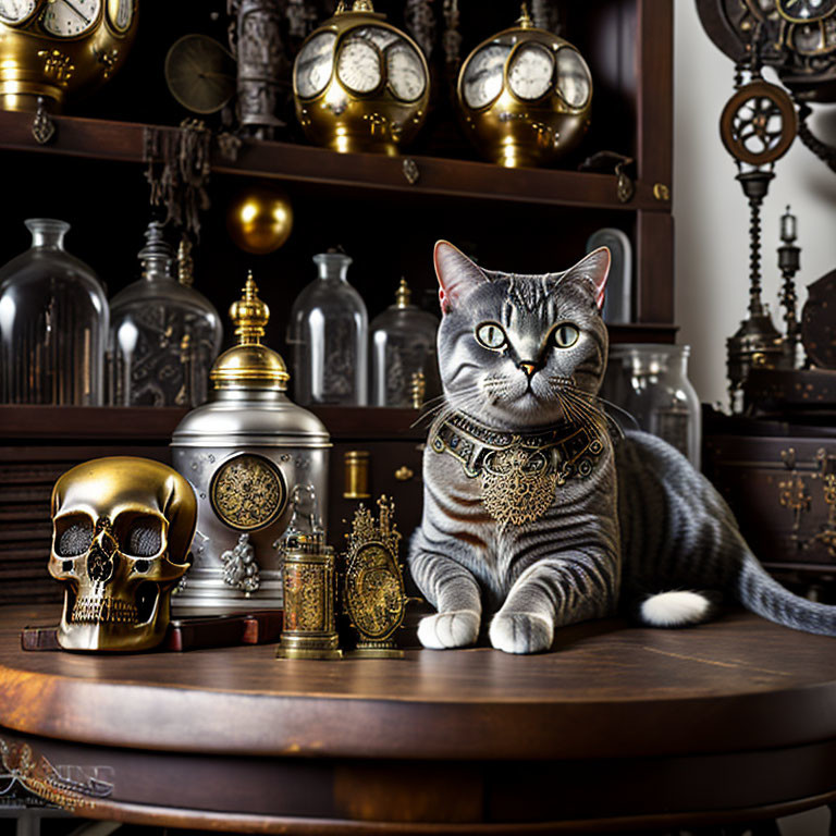 Gray Tabby Cat with Decorative Collar Surrounded by Eclectic Items on Wooden Surface