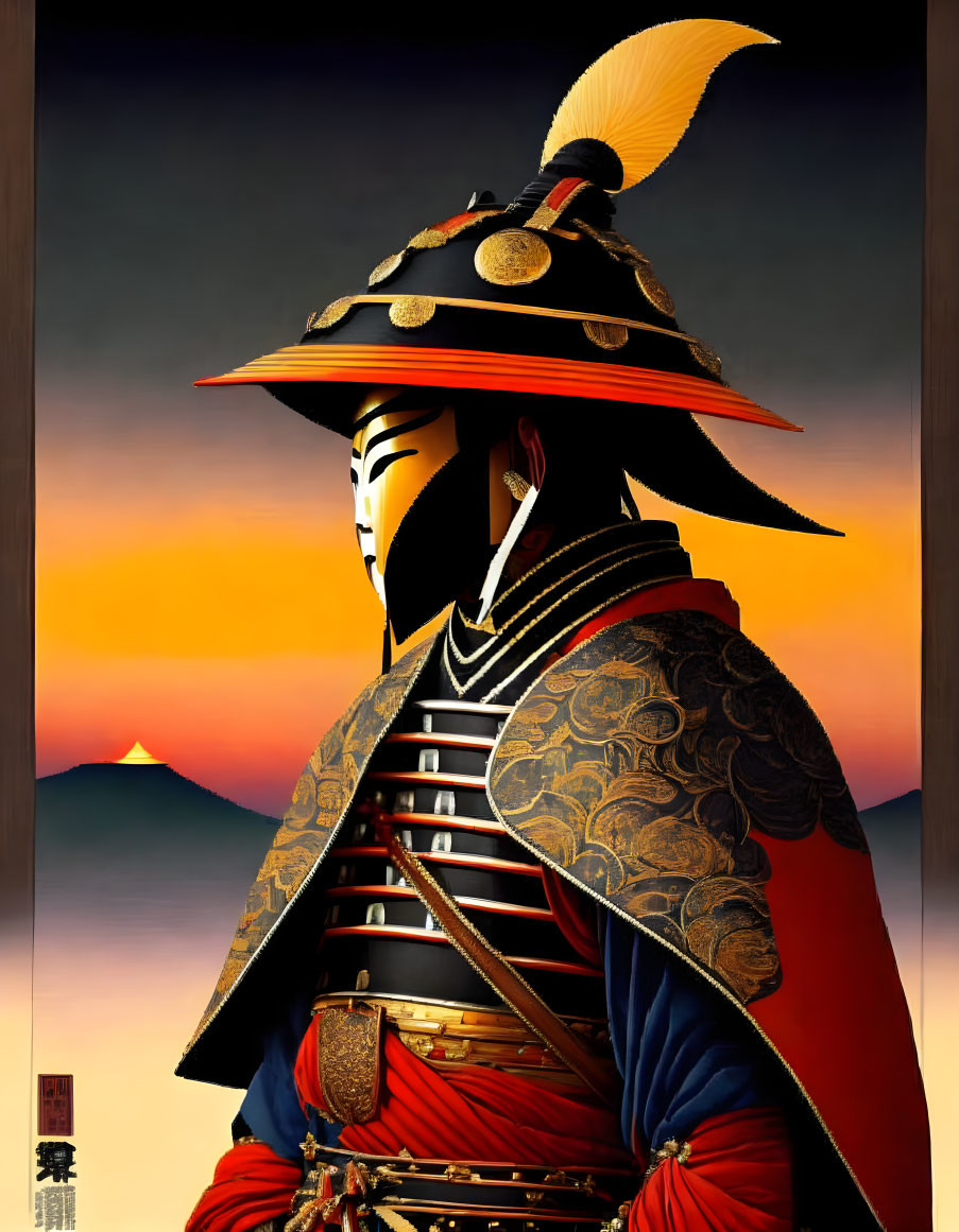 Traditional Samurai Armor Illustration with Mt. Fuji Sunset