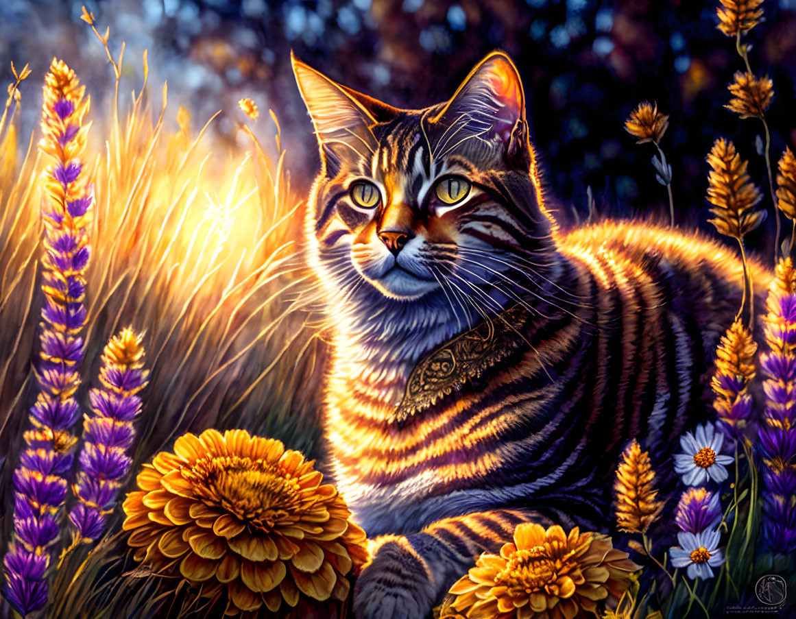 Tabby Cat Surrounded by Golden and Purple Flowers