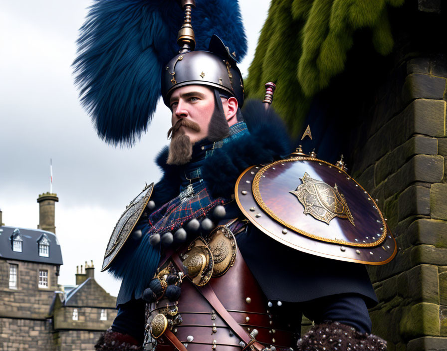 Traditional Scottish attire with blue feathered helmet and tartan kilt at castle.