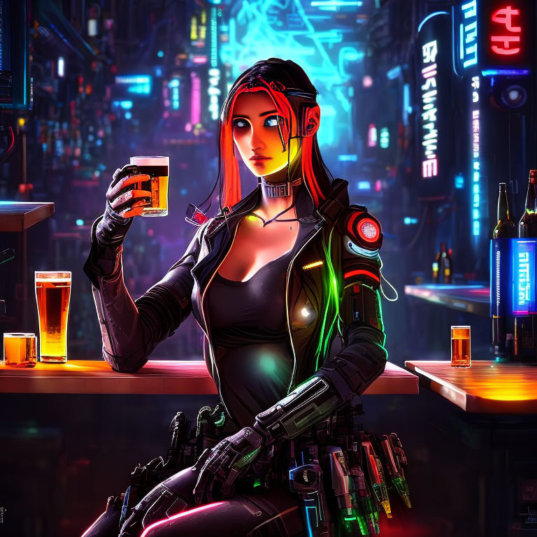 Red-haired female cyberpunk character with neon lighting, drink, futuristic bar