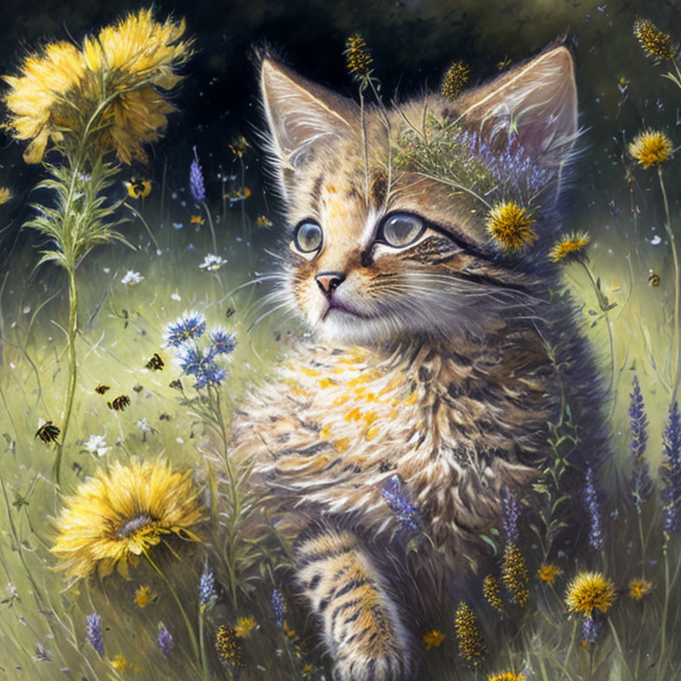 Tabby Kitten in Wildflower Field with Bees and Sunlight