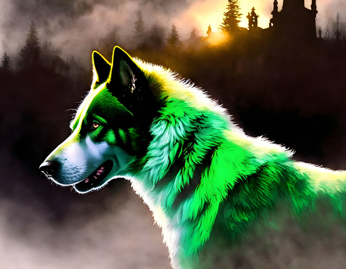 Vibrant digital artwork: Green fur husky in misty forest sunrise