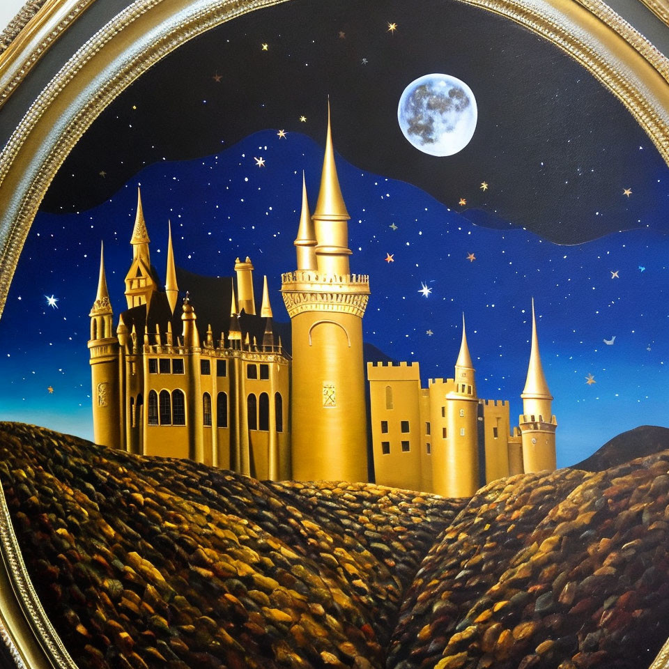 Golden castle at night with full moon and stars in arched border