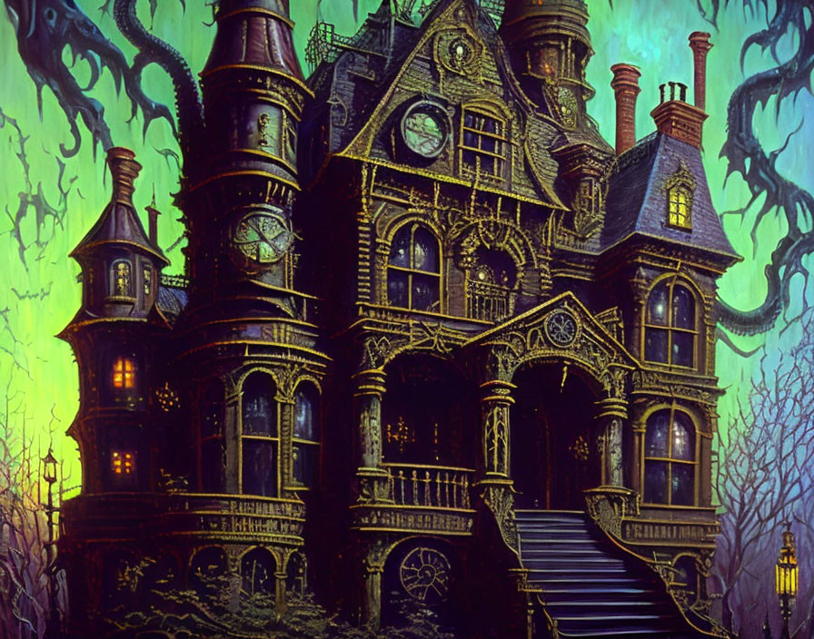 Eerie Victorian mansion at night with glowing windows and dark tentacles