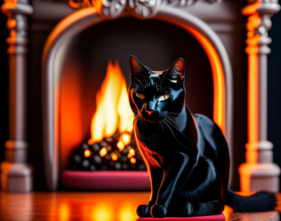 Black cat by fireplace with glowing embers