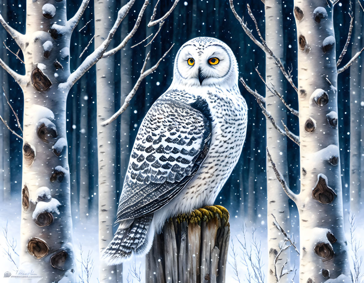 Snowy owl perched on snowy forest stump.