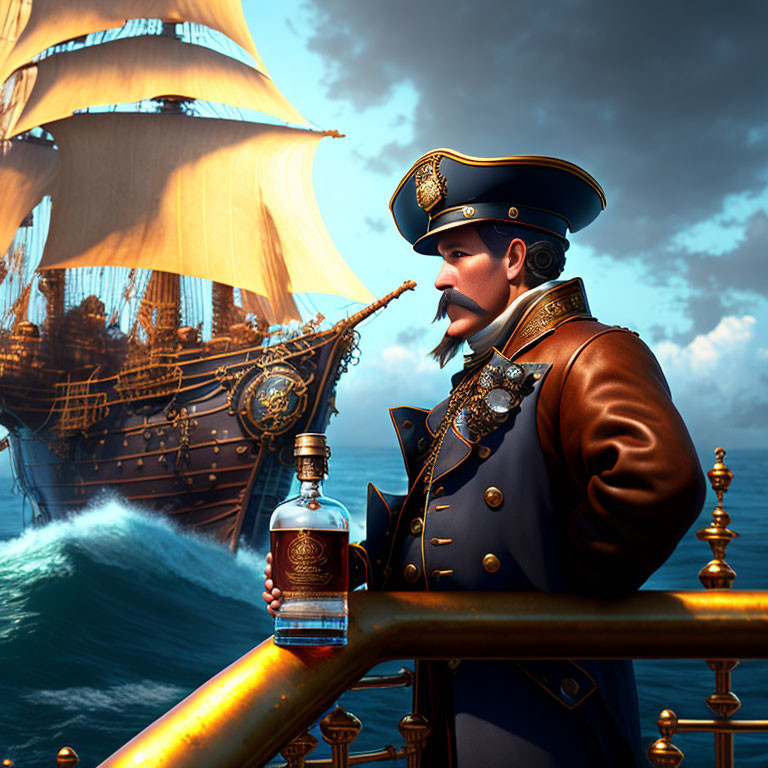 Naval officer in historical uniform with bottle by ship railing in digital art