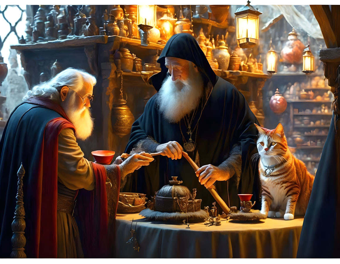 Three Wizards in Magical Shop with Ginger Cat and Potions