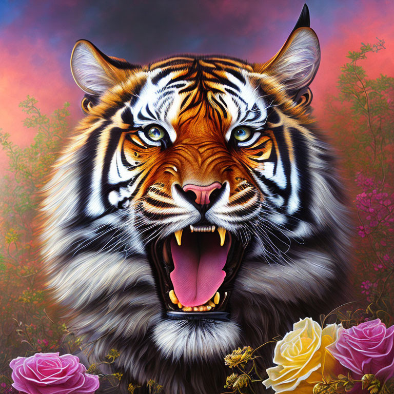 Roaring tiger surrounded by pink hues and roses