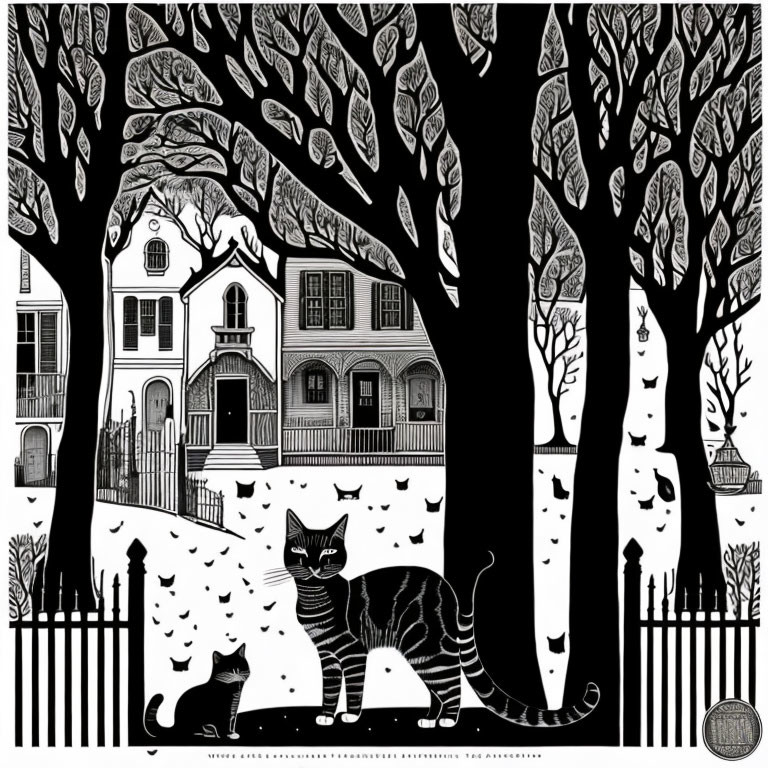 Detailed black and white cat and kitten illustration near picket fence, with Victorian houses and trees.