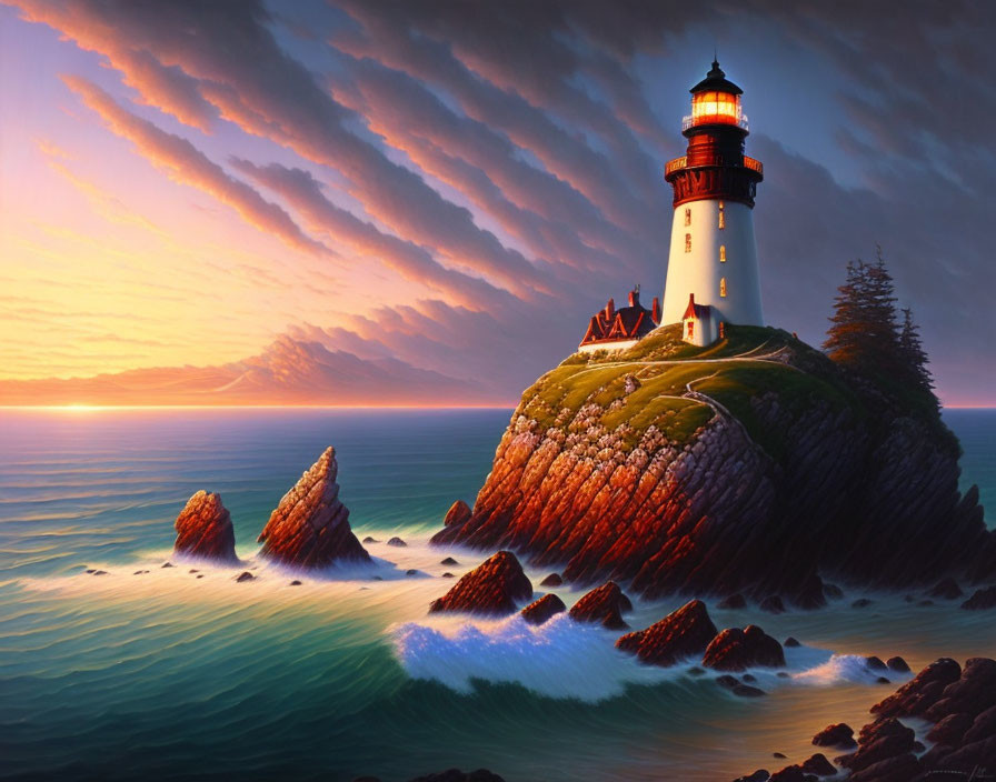 Scenic sunset view of lighthouse on rocky cliff by the sea