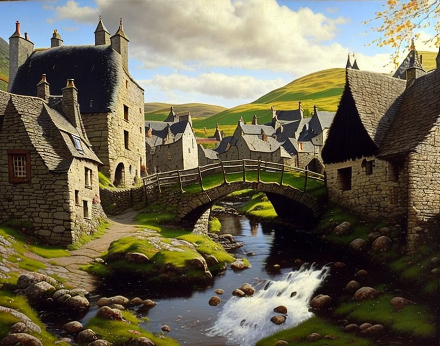 Medieval village with stone houses, castle, bridge, and lush greenery