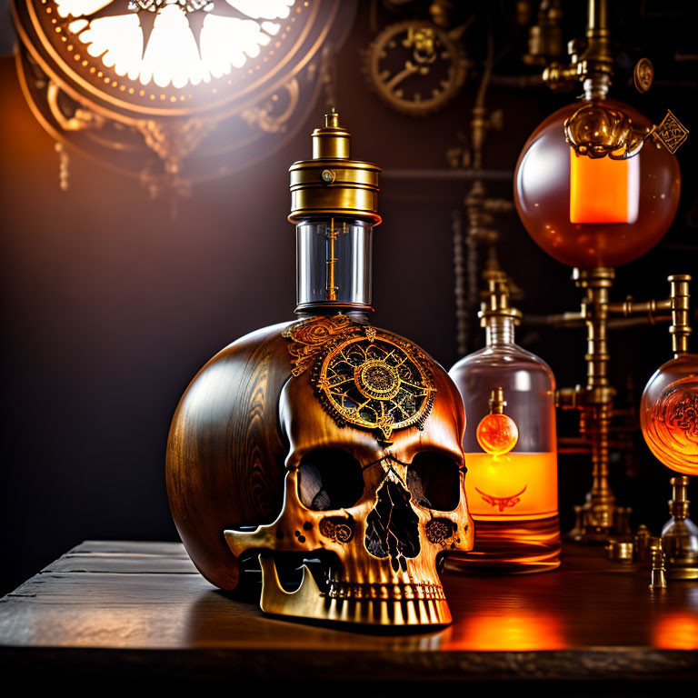 Skull-shaped bottle on vintage clockwork table