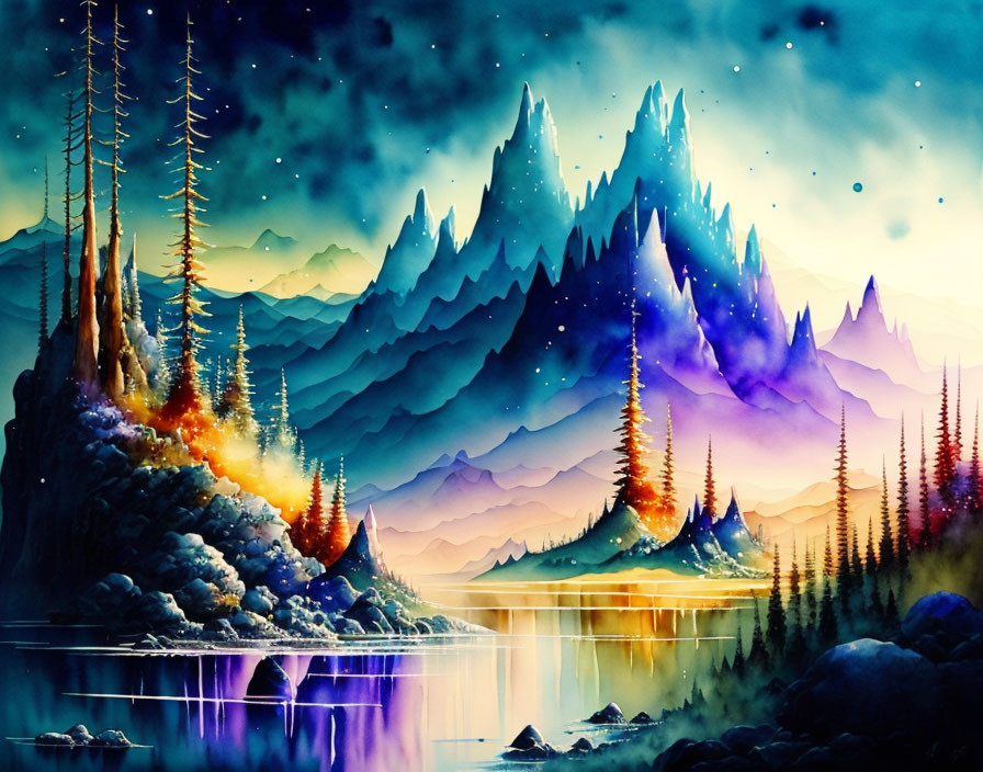 Colorful Watercolor Painting of Mystical Mountain Landscape